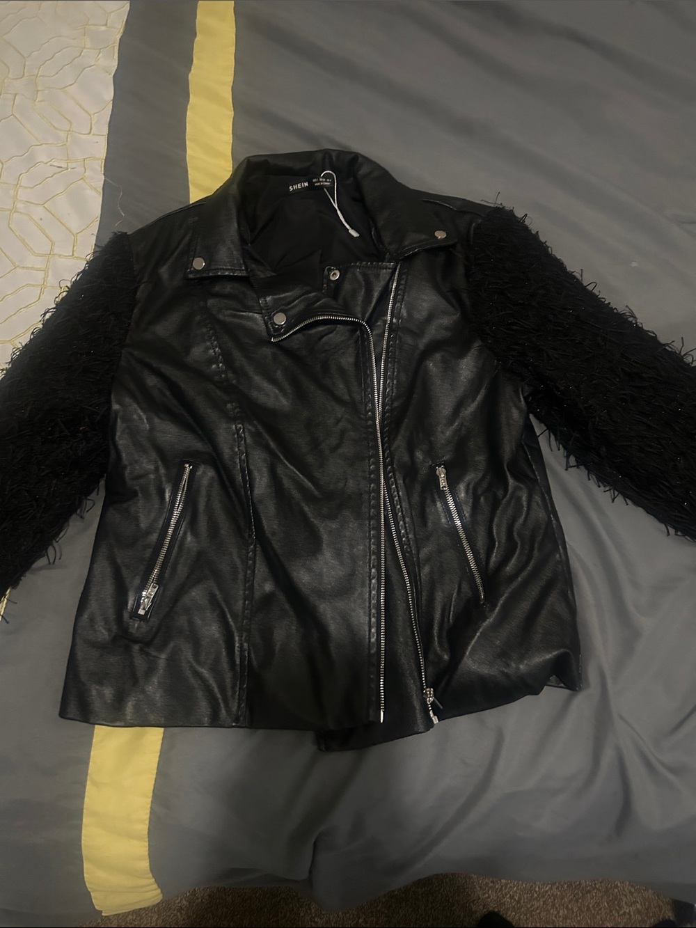 SHEIN Black Faux Leather Moto Jacket with Textured Fringe Sleeves